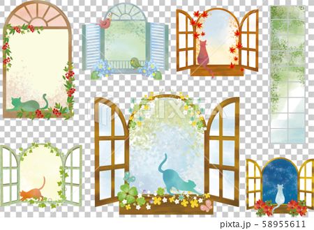 窓 窓枠 窓格子 フレーム 飾り枠 枠 水彩 猫 かわいい 植物 クローバー 木々 風景 夜空 景色のイラスト素材