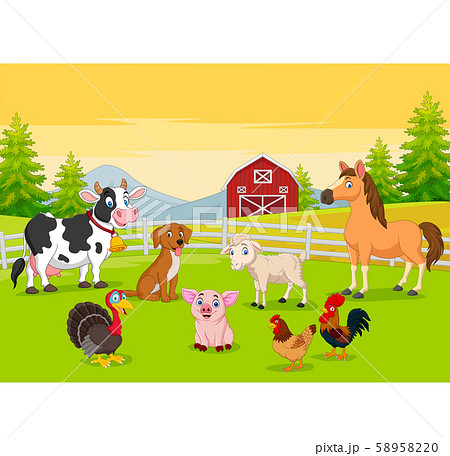 Cartoon farm animals in the farming background - Stock Illustration  [58958220] - PIXTA