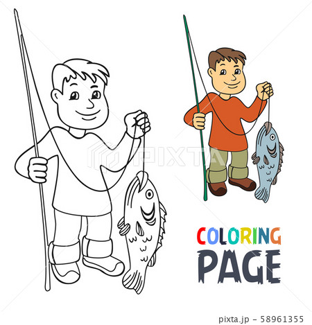 coloring page with people fishing cartoonのイラスト素材 [58961355