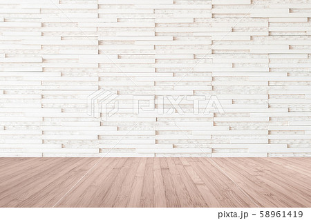 Modern marble tile wall pattern textured background in light white beige color with wooden floor in red brown tone Modern marble tile wall pattern textured background in light white beige color with wooden floor in red brown tone 58961419