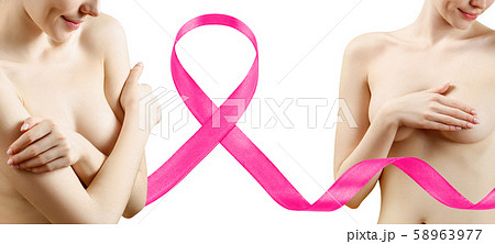 Collage of young woman covers her breast near big pink ribbon. Collage of young woman covers her breast near big pink ribbon. 58963977
