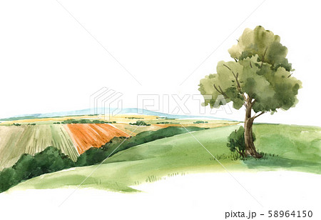 Watercolor scenery landscape view paysage with green field and tree 58964150