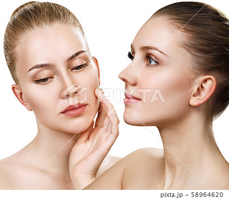 Collage of beautiful sensual woman with perfect clean skin on face. Collage of beautiful sensual woman with perfect clean skin on face. 58964620