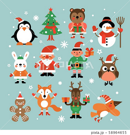 Christmas characters. Santa claus, fir-tree and penguin, snowman and elf, hare and owl, deer and 58964655