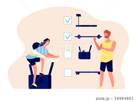 Personal training concept. Coach and athlete vector characters. Training plan, flat fitness Personal training concept. Coach and athlete vector characters. Training plan, flat fitness 58964801