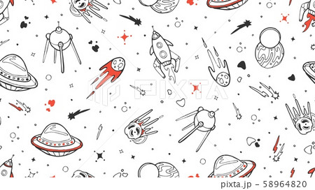 Space pattern. Vector kids seamless texture with doodle rocket, planet, stars. Space, Universe Space pattern. Vector kids seamless texture with doodle rocket, planet, stars. Space, Universe 58964820