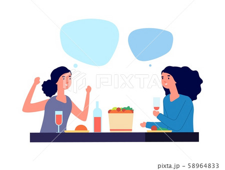 Girls conversation. Woman talking. Flat female discussion. Two woman with food and wine vector 58964833