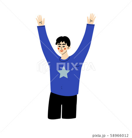 Happy Guy Celebrating an Important Event, Young Man with Standing and Rising Hands Vector Happy Guy Celebrating an Important Event, Young Man with Standing and Rising Hands Vector 58966012