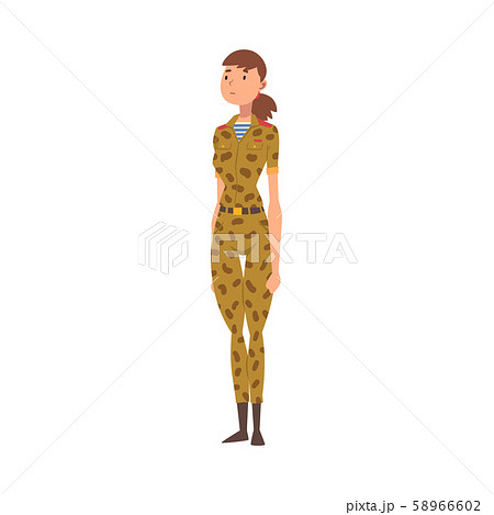 Young Woman Soldier or Officer in Camouflage Uniform, Professional Military Female Character Vector Young Woman Soldier or Officer in Camouflage Uniform, Professional Military Female Character Vector 58966602