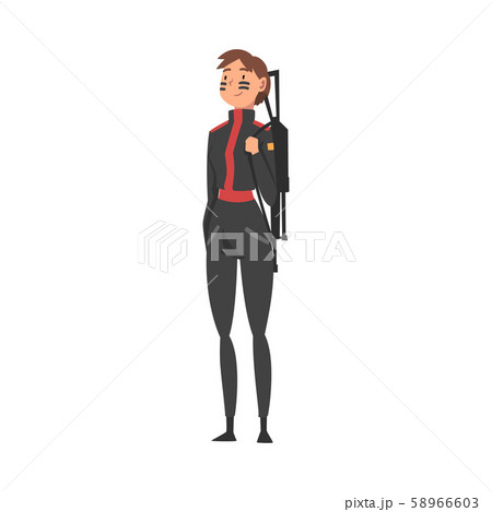 Young Woman Sniper in Black Uniform with Assault Rifle, Professional Military Female Character Young Woman Sniper in Black Uniform with Assault Rifle, Professional Military Female Character 58966603