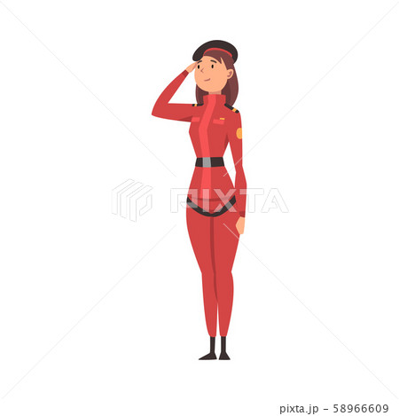 Young Woman Soldier or Officer in Red Uniform Saluting, Professional Military Female Character 58966609