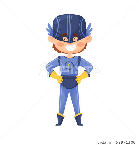 Little Boy In Comic Superhero Lilac Costume And Cap Vector Illustration Cartoon Character 58971306