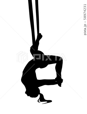Young woman is doing one-legged king pigeon inverted pigeon aerial, fly yoga pose with aerial silk hammock. Dark vector sillhoeuette. 58974231