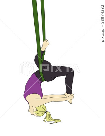Young woman is doing one-legged king pigeon inverted pigeon aerial, fly yoga pose with aerial silk hammock. Colorful vector illustration of individual training. 58974232