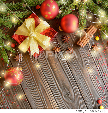 Flat lay top view at Christmas bauble background Flat lay top view at Christmas bauble background 58974722