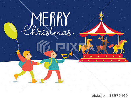 Vector Mery Christmas cards with happy children on a Christmas market 58976440
