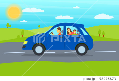 Cartoon Family Journey by Blue Car. Vector 58976873