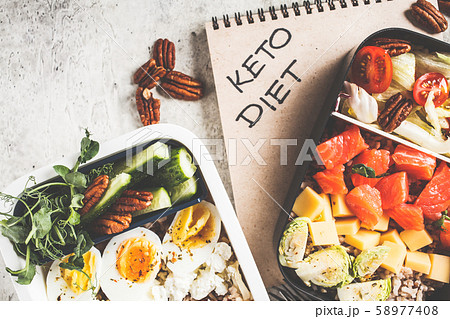 Lunch boxes with keto diet food, top view.  58977408