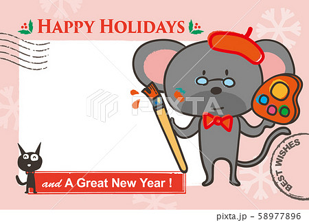 グリーティングカード / cute mouse in artist costume  58977896