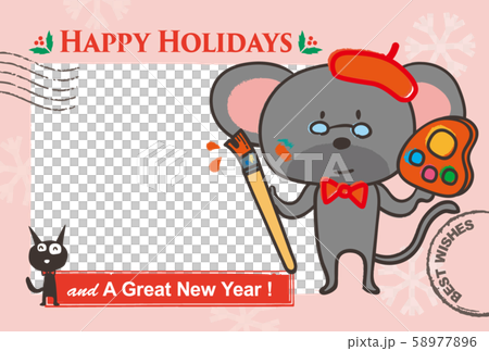 グリーティングカード / cute mouse in artist costume  58977896