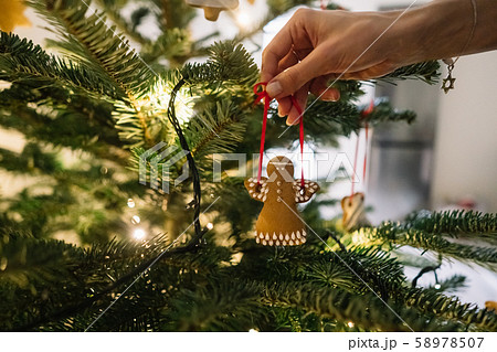 Female hand hangs angel gingerbread on the Christmas tree. Female hand hangs angel gingerbread on the Christmas tree. 58978507