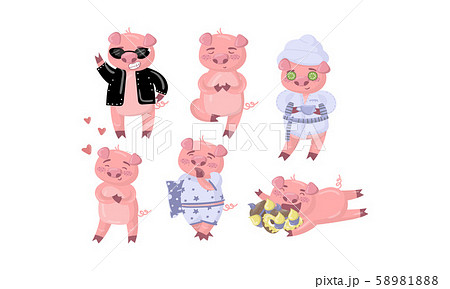 Cute humanized pink pig in different looks and clothes. Vector illustration. 58981888