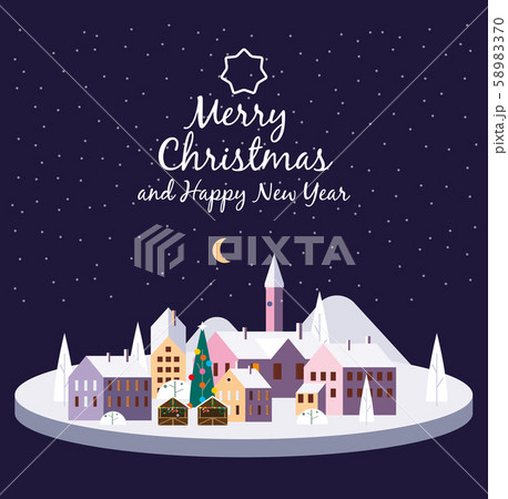 Merry Christmas urban night winter city street with old town houses and trees. Landscape with people 58983370