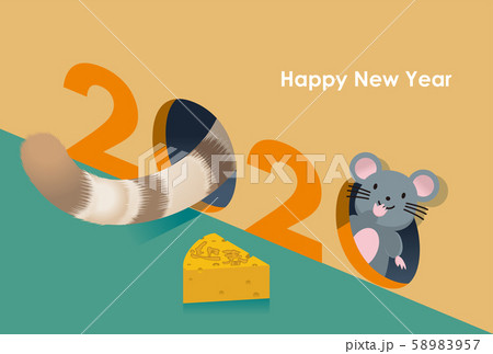 年賀状素材 年子年令和2年 猫とネズミのかくれんぼのイラスト 年賀状テンプレートのイラスト素材 5957