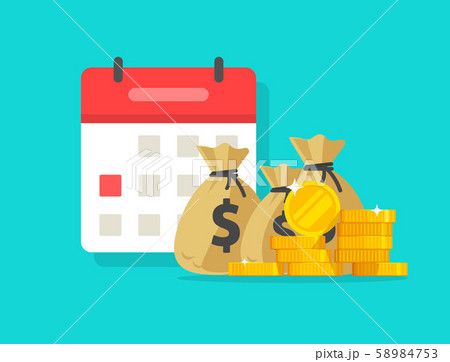 Calendar and money vector illustration, flat cartoon cash scheduled on date, concept of annual 58984753