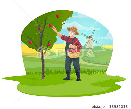 Farmer picking apple fruits at farm garden icon Farmer picking apple fruits at farm garden icon 58985058