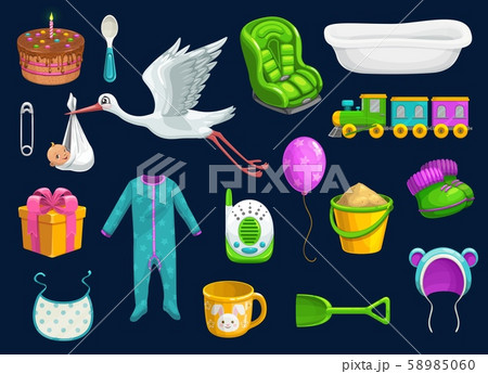 Baby item icons. Toys, cup, spoon, bib and stork 58985060