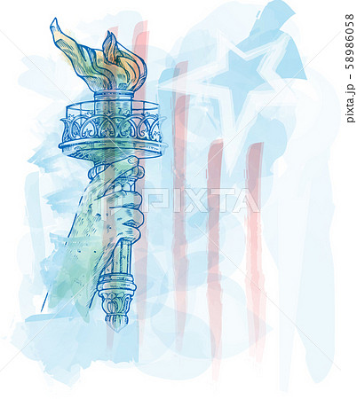 watercolor torch of statue of liberty on USA flag 58986058