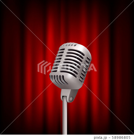 Retro microphone on stage. Professional stand up theatre red curtain broadcast mic vector vintage 58986805