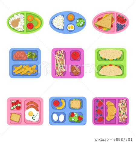 Lunch boxes. Food containers with fish, meal eggs sliced fresh fruits vegetables sandwich for kids Lunch boxes. Food containers with fish, meal eggs sliced fresh fruits vegetables sandwich for kids 58987501