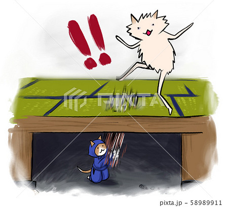 ネコ刺客の床下からの攻撃に驚く、イヌさんのイラスト ネコ刺客の床下からの攻撃に驚く、イヌさんのイラスト 58989911