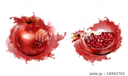 Pomegranate whole and slice with seeds isolated 58993702