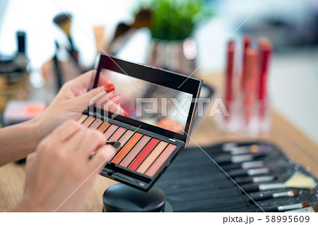Closeup Eye shadow tray and blush with cosmetic 58995609