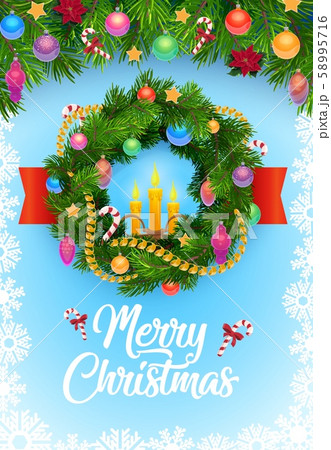 Christmas tree wreath with balls and snowflakes Christmas tree wreath with balls and snowflakes 58995716