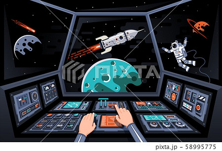 Control panels and view from the cockpit of the spaceship 58995775