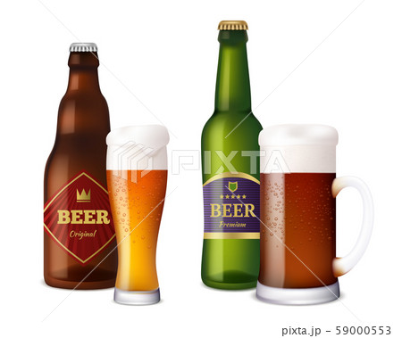 Beer glasses bottles. Cup and vessels for alcoholic drinks craft light brown fresh cold beer with 59000553
