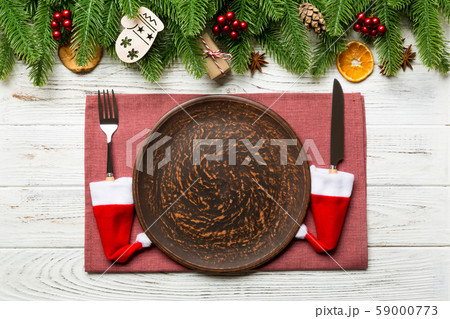 Top view of Christmas dinner on wooden background. 59000773