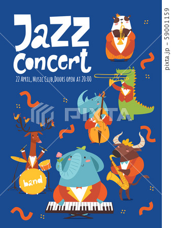 Vector design template for jazz music poster with cartoon animals playing music instruments Vector design template for jazz music poster with cartoon animals playing music instruments 59001159