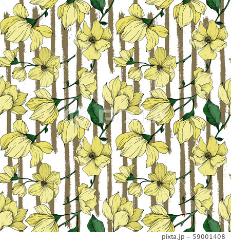 Vector Magnolia floral botanical flowers. Black and white engraved ink art. Seamless background 59001408