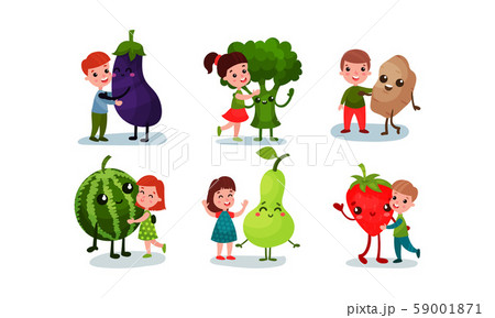 Girls and boys with huge humanized vegetables, fruits and berries. Vector illustration. 59001871
