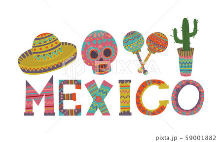 Inscription Mexico and its symbols. Vector illustration. 59001882