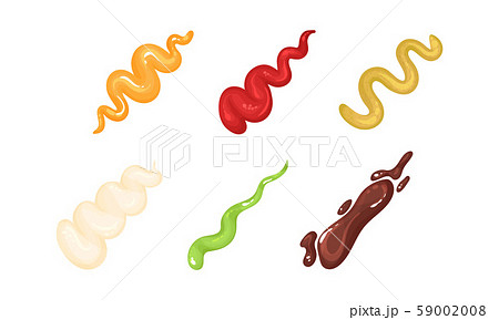 Colorful Different Sauce Strips Vector Set. Various Assortment of Spicy Gourmet Colorful Different Sauce Strips Vector Set. Various Assortment of Spicy Gourmet 59002008