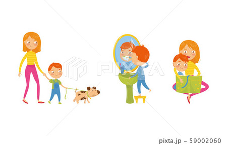 Kids Daily Routine Vector Illustrations Set. Boy Character Walking the Dog With Mom Kids Daily Routine Vector Illustrations Set. Boy Character Walking the Dog With Mom 59002060