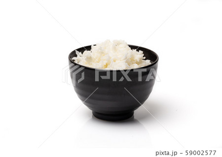 Close up, Rice in black bowl isolated on white background 59002577