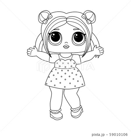 Cute little baby-doll with two funny hair buns and a dress for coloring. 59010106