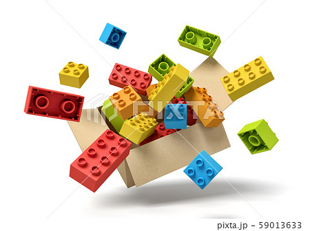 3d rendering of cardboard box in air full of colorful toy bricks which are flying out and floating 3d rendering of cardboard box in air full of colorful toy bricks which are flying out and floating 59013633
